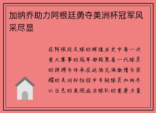 加纳乔助力阿根廷勇夺美洲杯冠军风采尽显