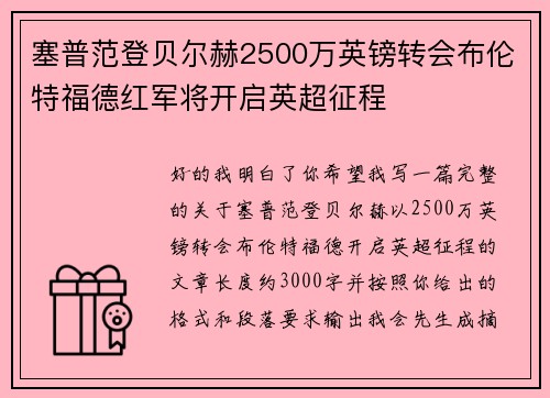 塞普范登贝尔赫2500万英镑转会布伦特福德红军将开启英超征程